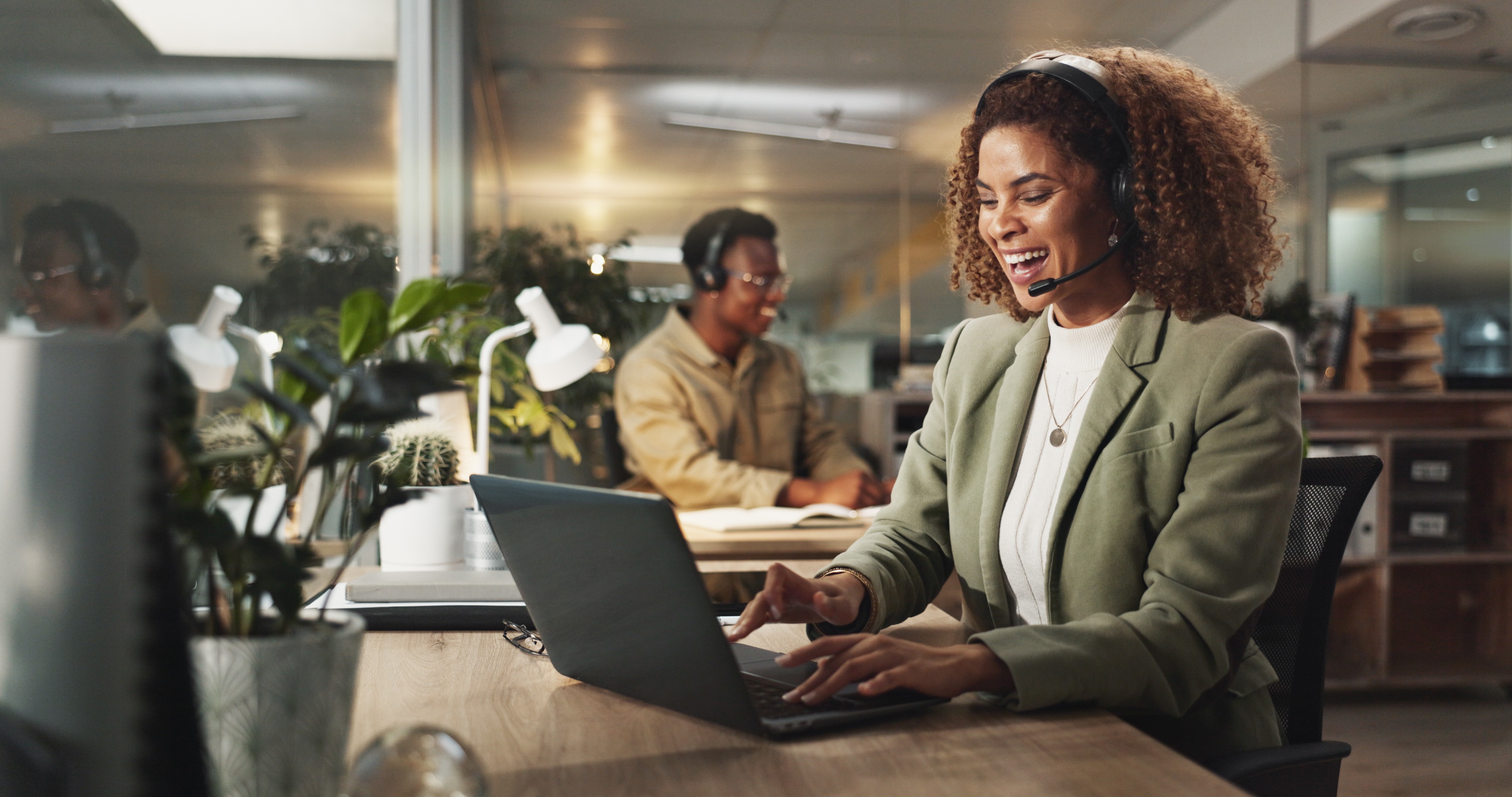 Professional call center team with headsets